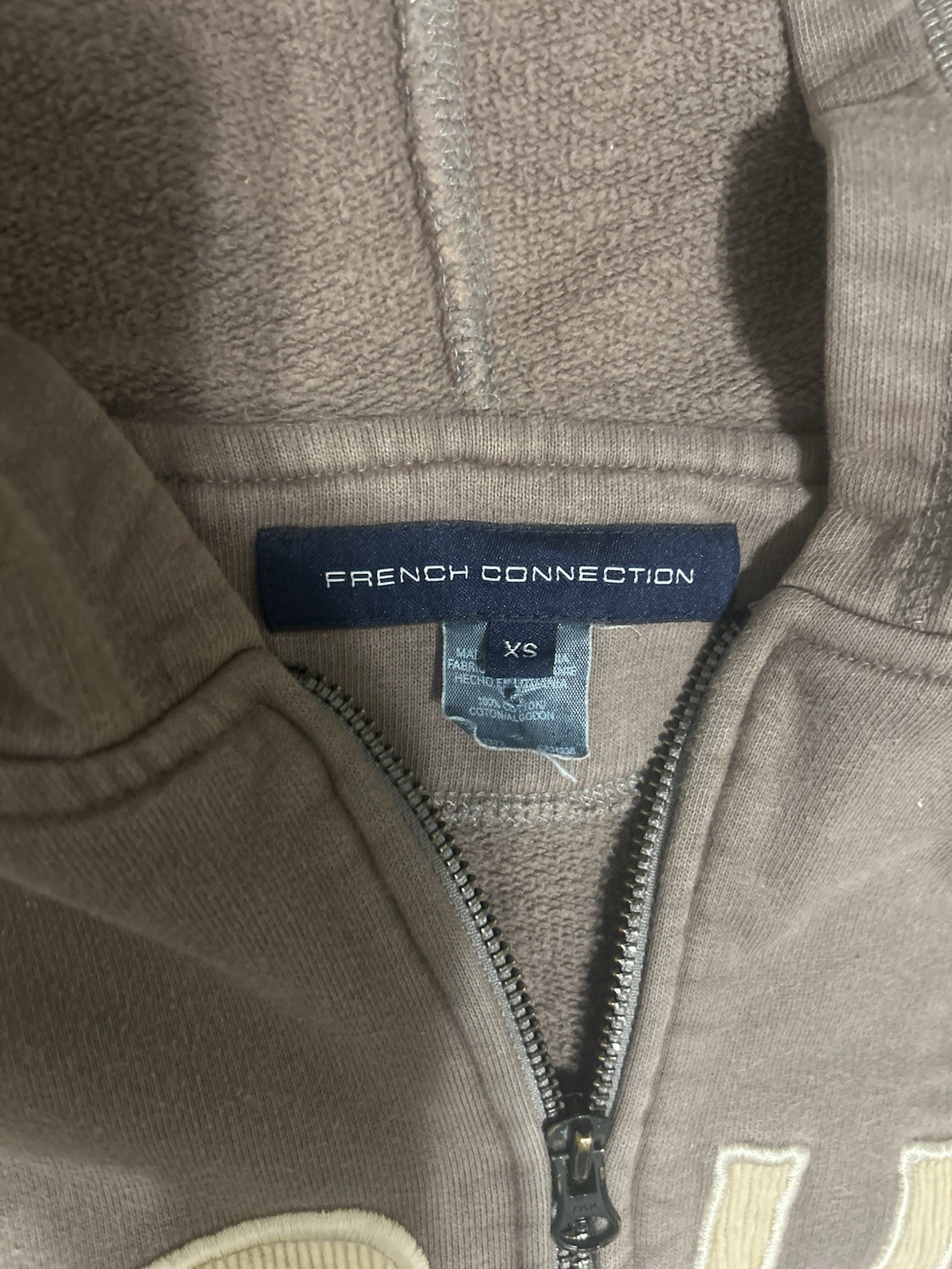 Y2K French Connection FCUK Gray Full Zip Hooded Fleece Hoodie Pockets