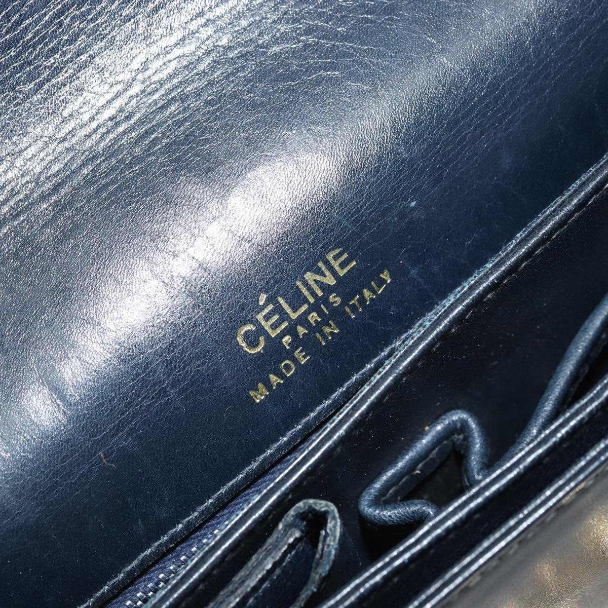 CELINE Horse Carriage Shoulder Bag Leather Navy Gold Auth YKZ1109
