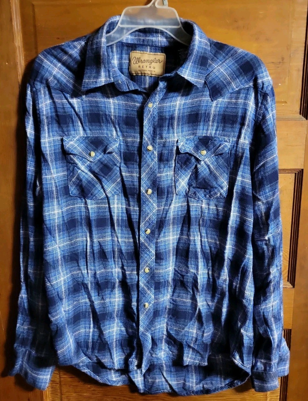 Wrangler Retro Shirt Mens Large Blue Plaid Western Snap Cowboy Rodeo