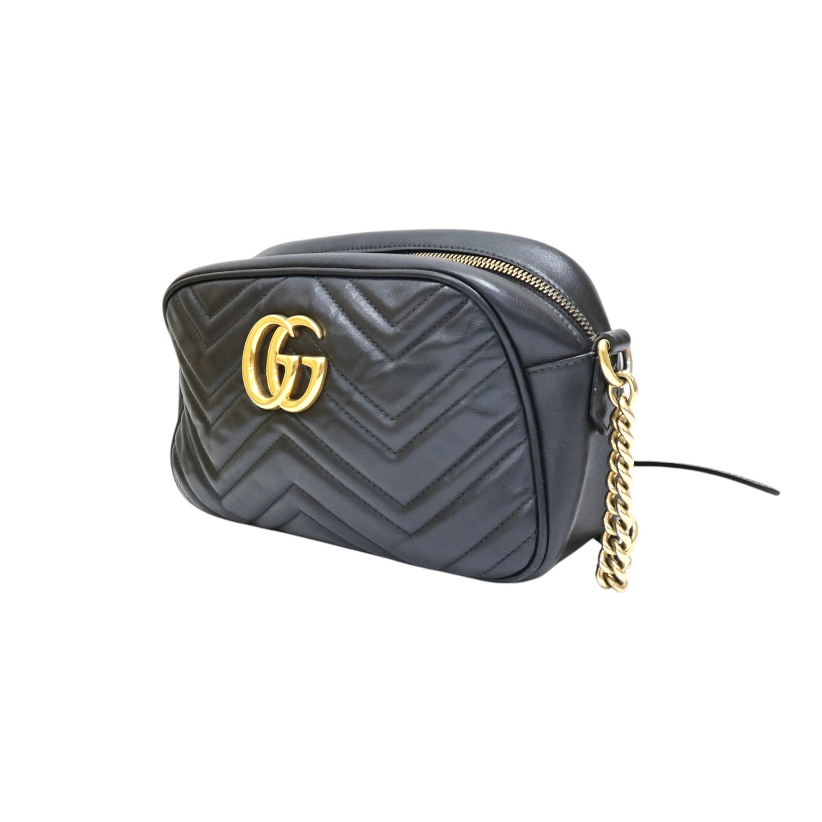 GUCCI GG Marmont Small Camera Shoulder Bag Black Matelasse Chevron Leather