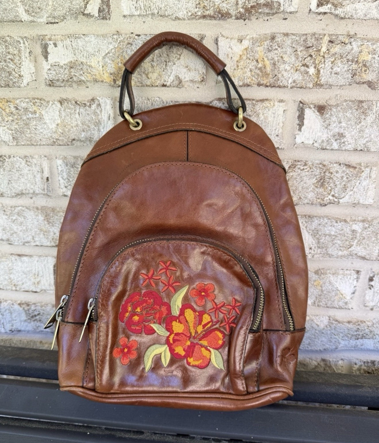 Patricia Nash Brown Floral Embroidered Backpack Zip Pockets Adjustable Strap