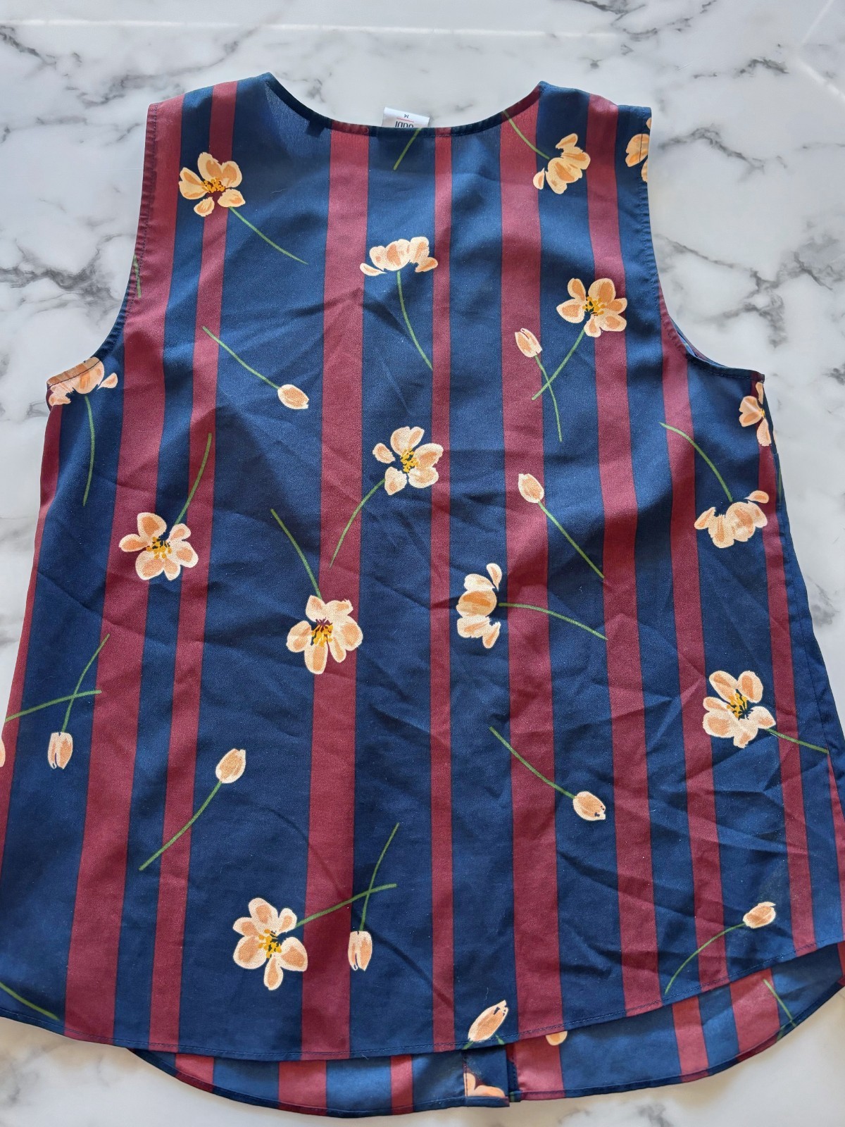 CAbi Navy Burgundy Stripe Floral Sleeveless Button Front Blouse Size M