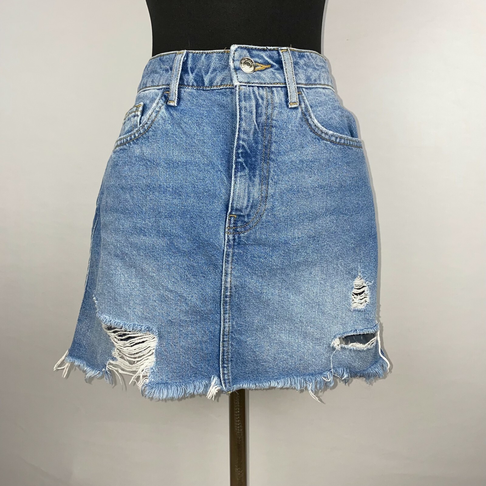 Forever 21 Los Angeles Womens S Denim Distressed Fringe Hem Skirt Y2K Festival