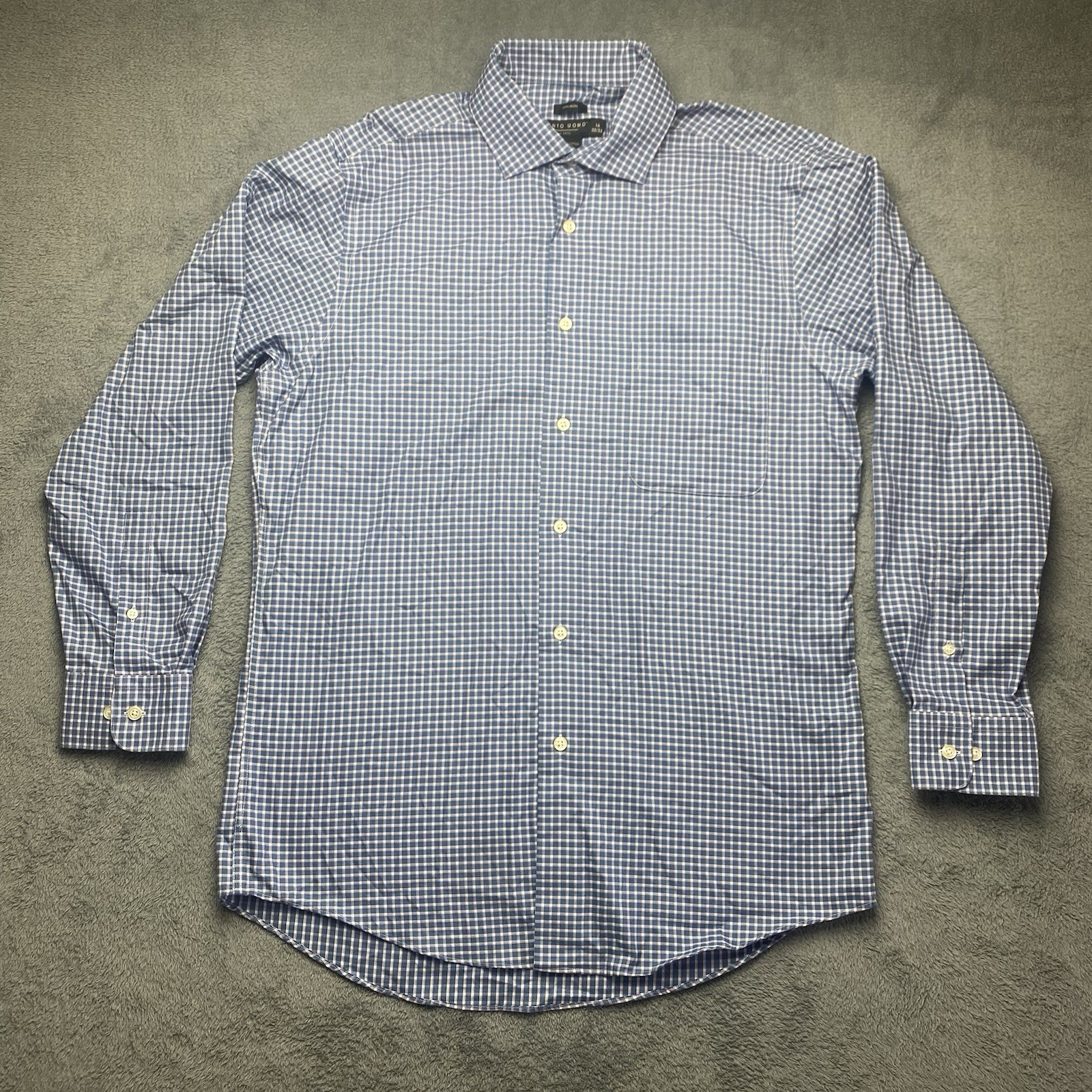 Pronto Uomo Men’s Button Down Dress Shirt Size 16 32/33 Blue Checker 100% Cotton