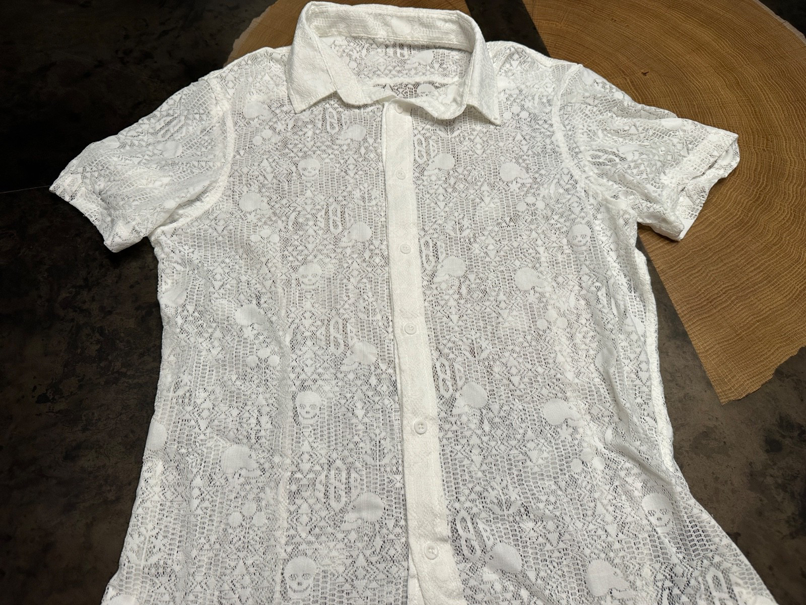 VTG SKULL & BONE BUTTON UP LACE SHIRT WOMENS L GOTH WHIMSYGOTH PUNK