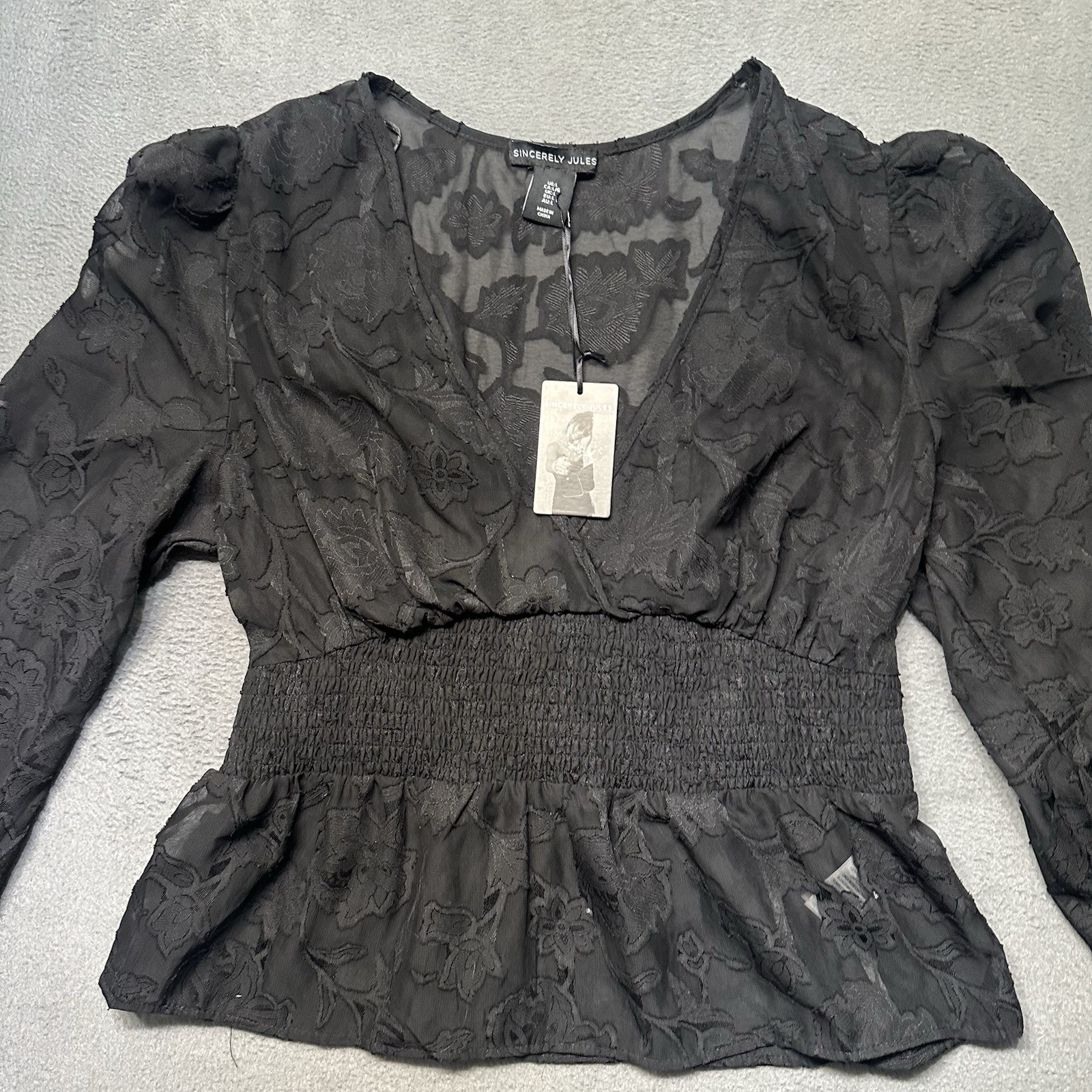 Sincerely Jules Womens Large Peplum Blouse Black Floral Sheer Smocked Puff NWT