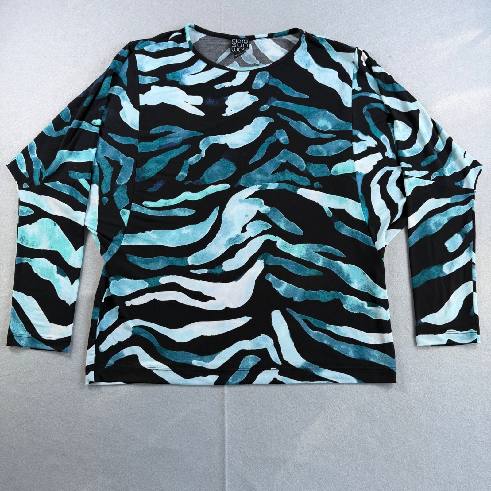 Clara Sunwoo Blue Black Abstract Zebra Print Dolman Sleeve Knit Top Womens Small