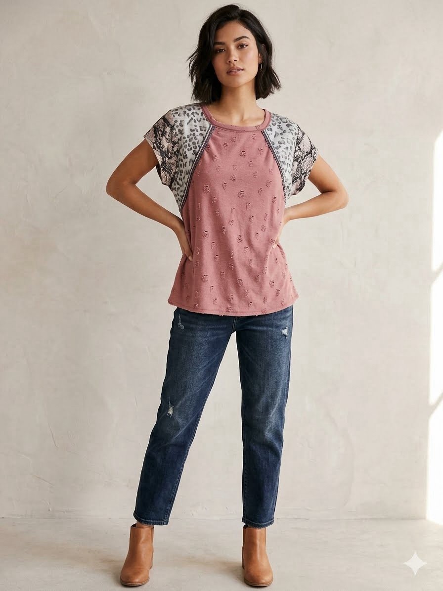 BIBI Distressed Patchwork Raglan Tee Med Leopard Snake Print Braided Trim Mauve