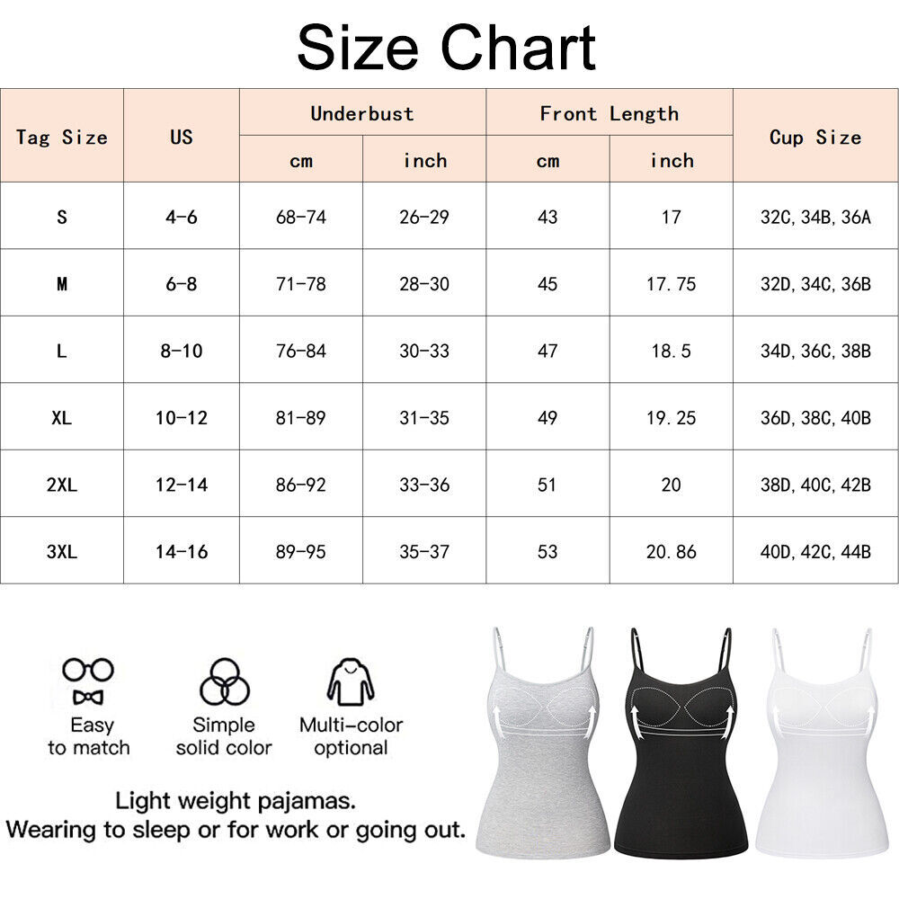 Women Cami with Built-in Bra Adjustable Strap Padded Slim Tank Top Vest Shirt US