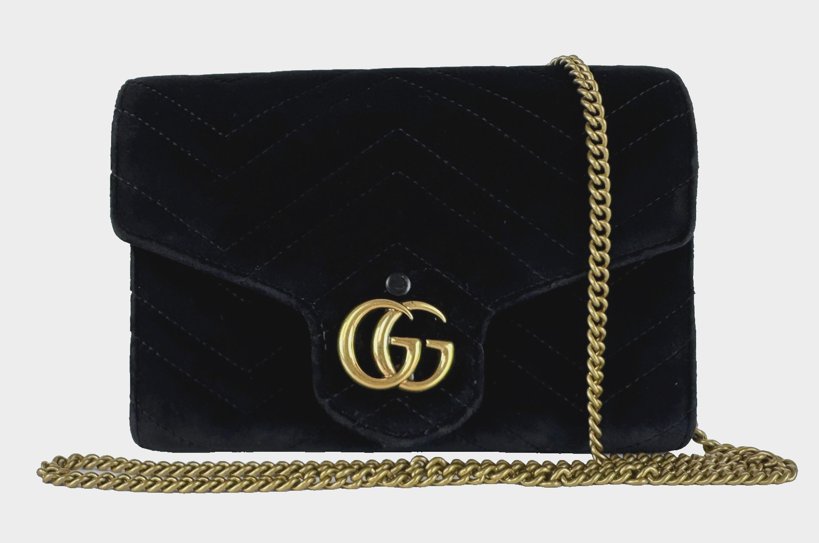 Gucci Auth Black Velvet Leather GG Marmont Mini Chain Strap Bag Wallet Crossbody