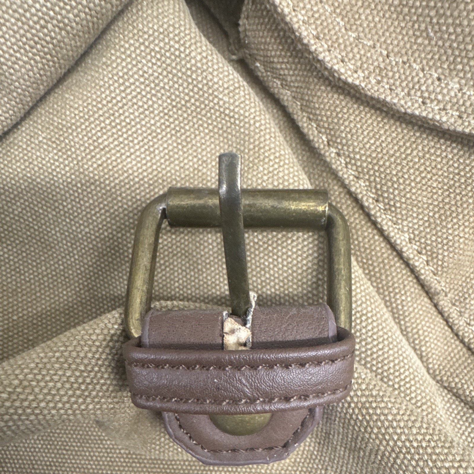 Vtg Canvas Backpack Leather Straps Buckles Brown Khaki Rucksack Mountaineering
