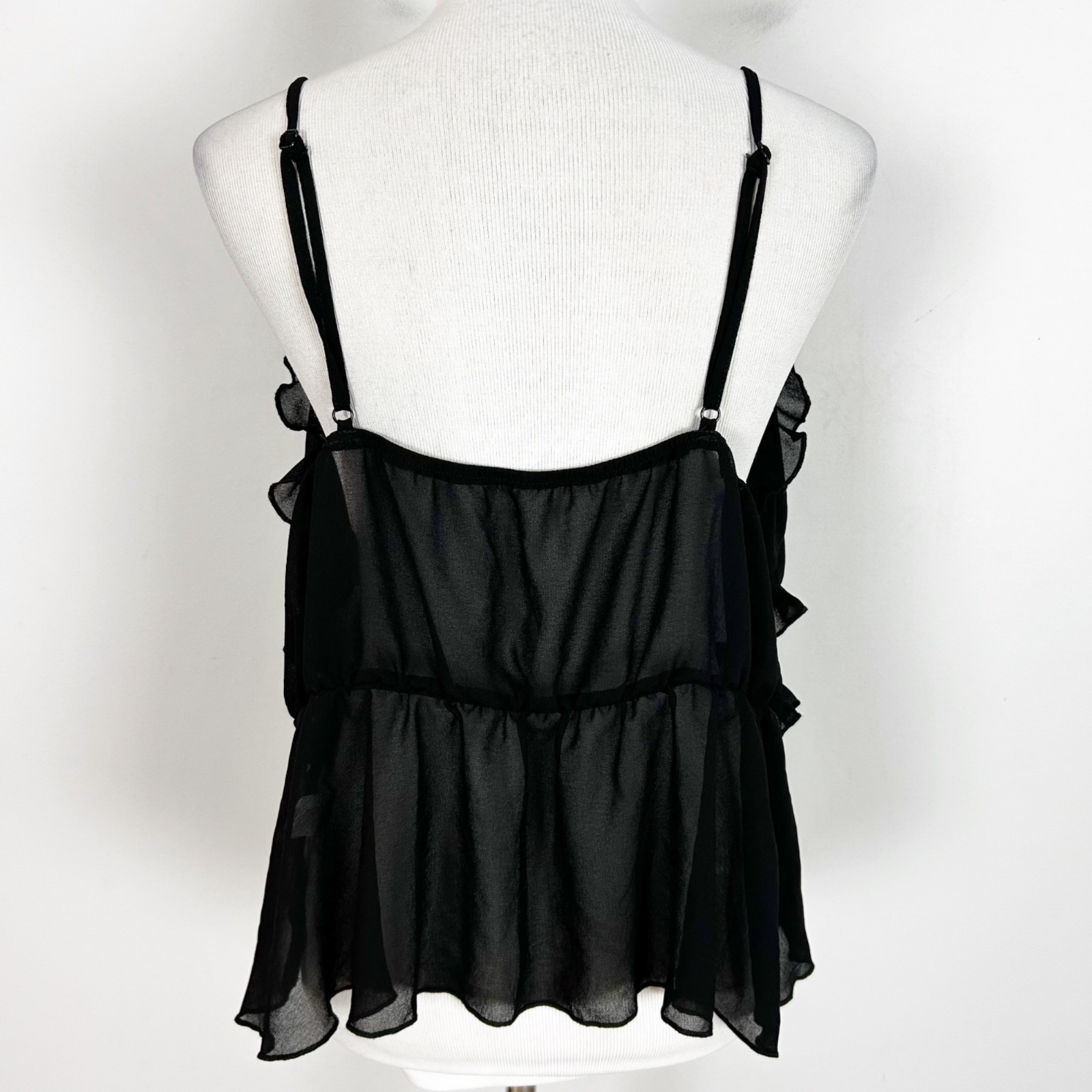 Women’s Black Semi-sheer Cami Tank Top Flowy Ruffles Swing Size 1XL