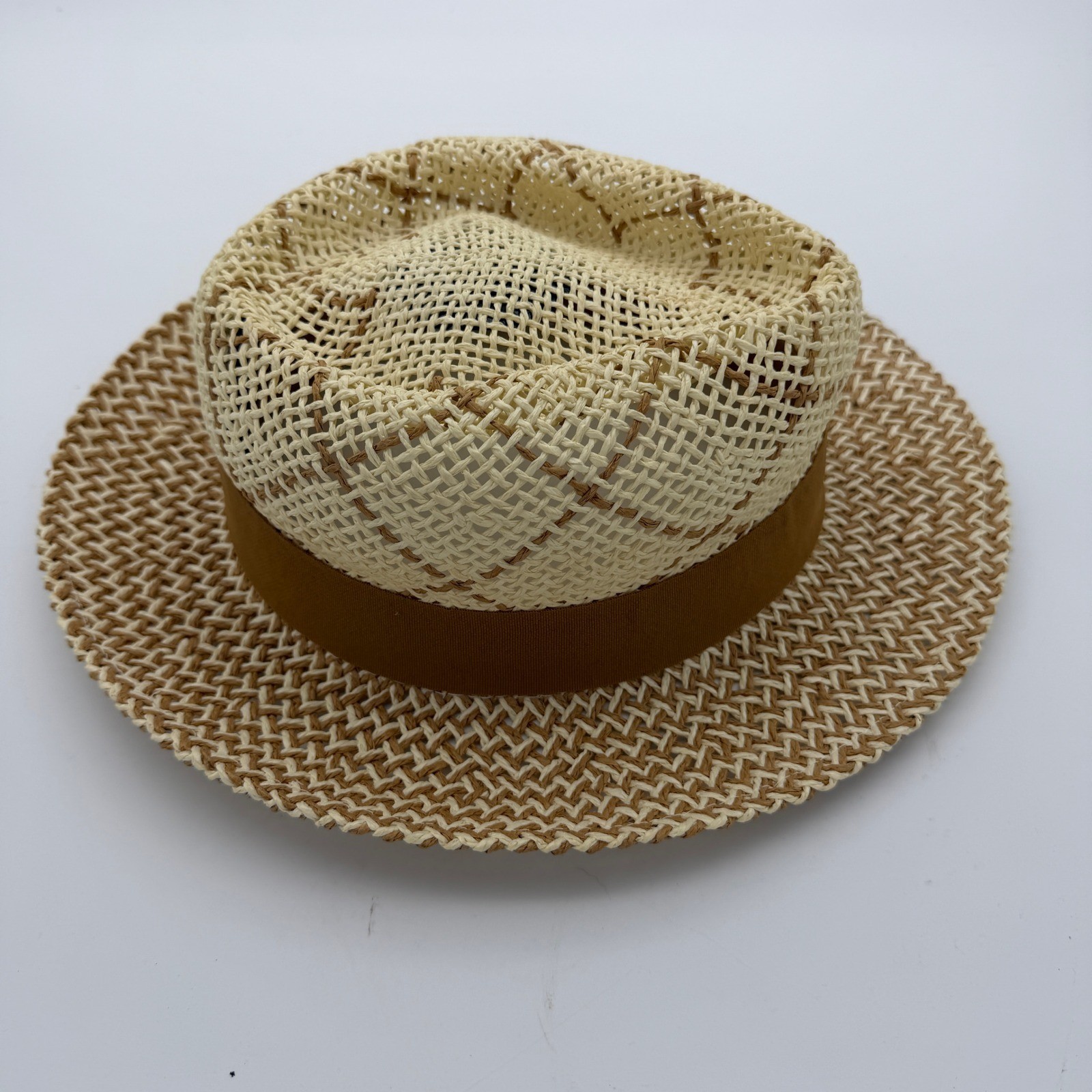 Bruno Capelo Enrico Collection Straw Fedora Hat Tan Cream Diamond Weave XL Mens