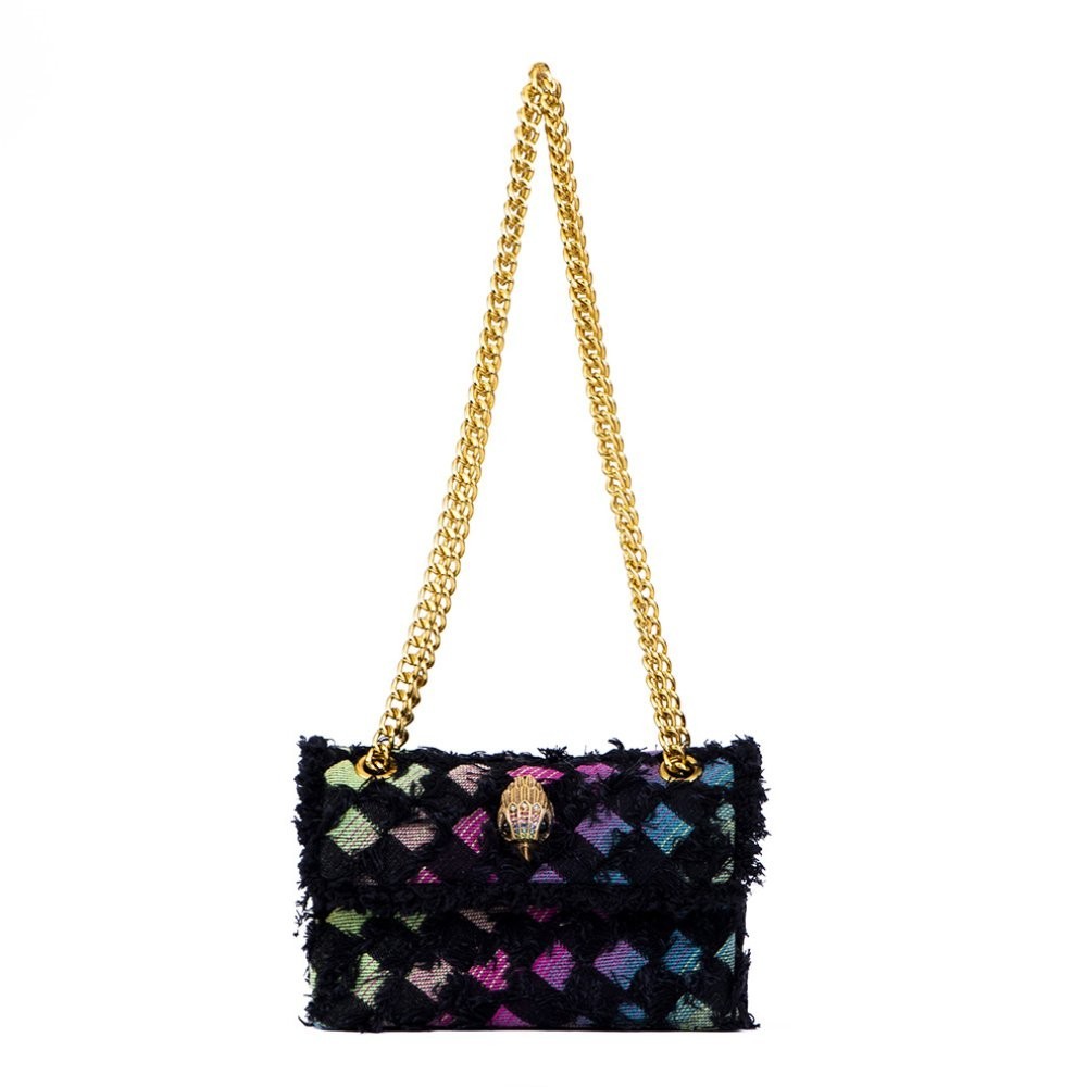 Kurt Geiger London Black Frayed Grid Tweed Crossbody Bag Gold Chain 19cm