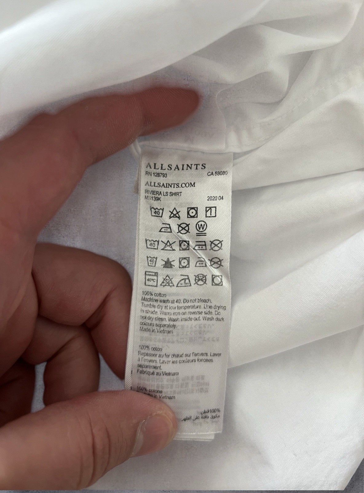 AllSaints Riviera LS Shirt White Cotton Button Up Men’s Size M Casual