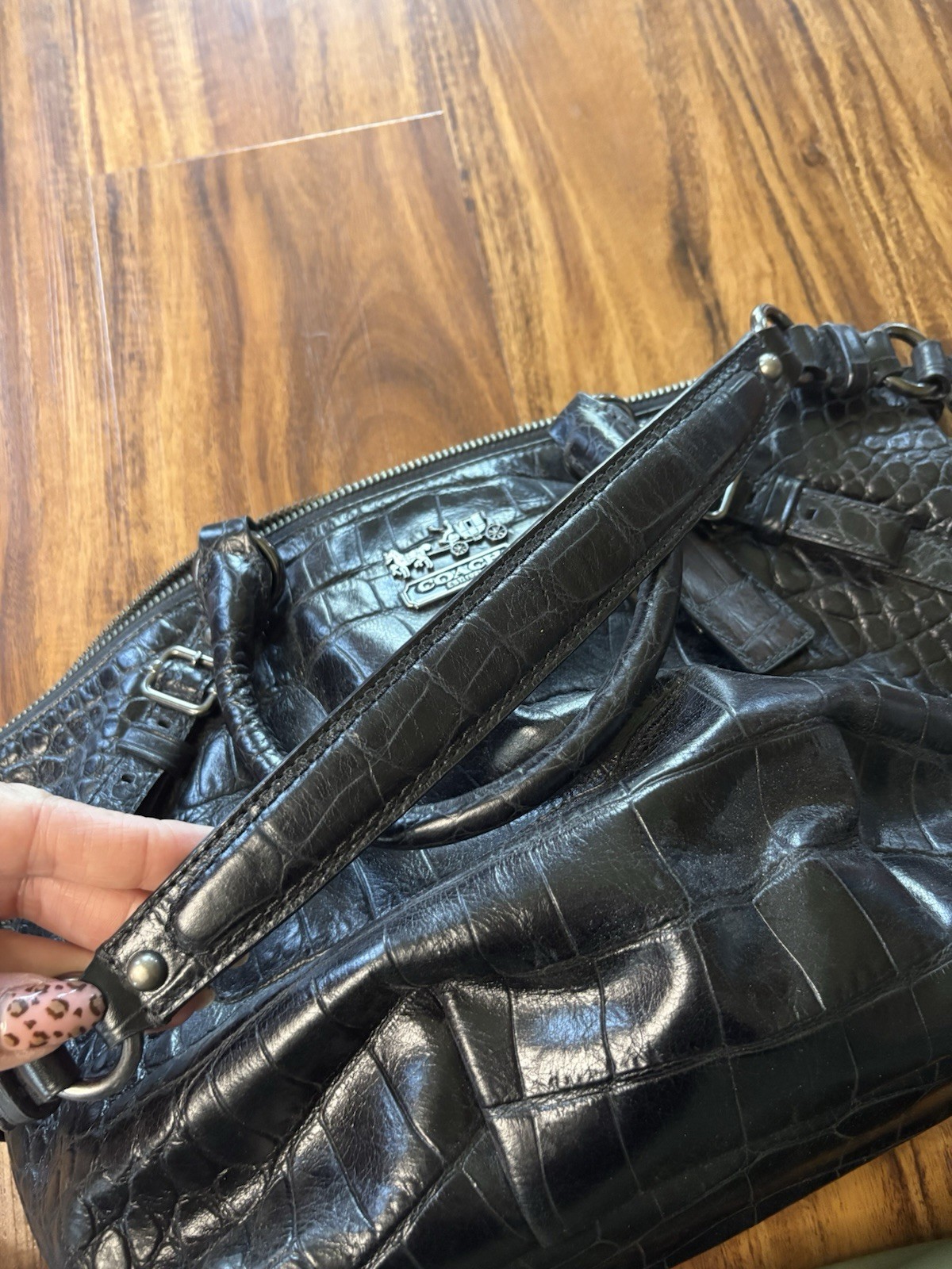 Coach 15924 Madison Embossed Sophia Bag Black With Purple Lining With Charms