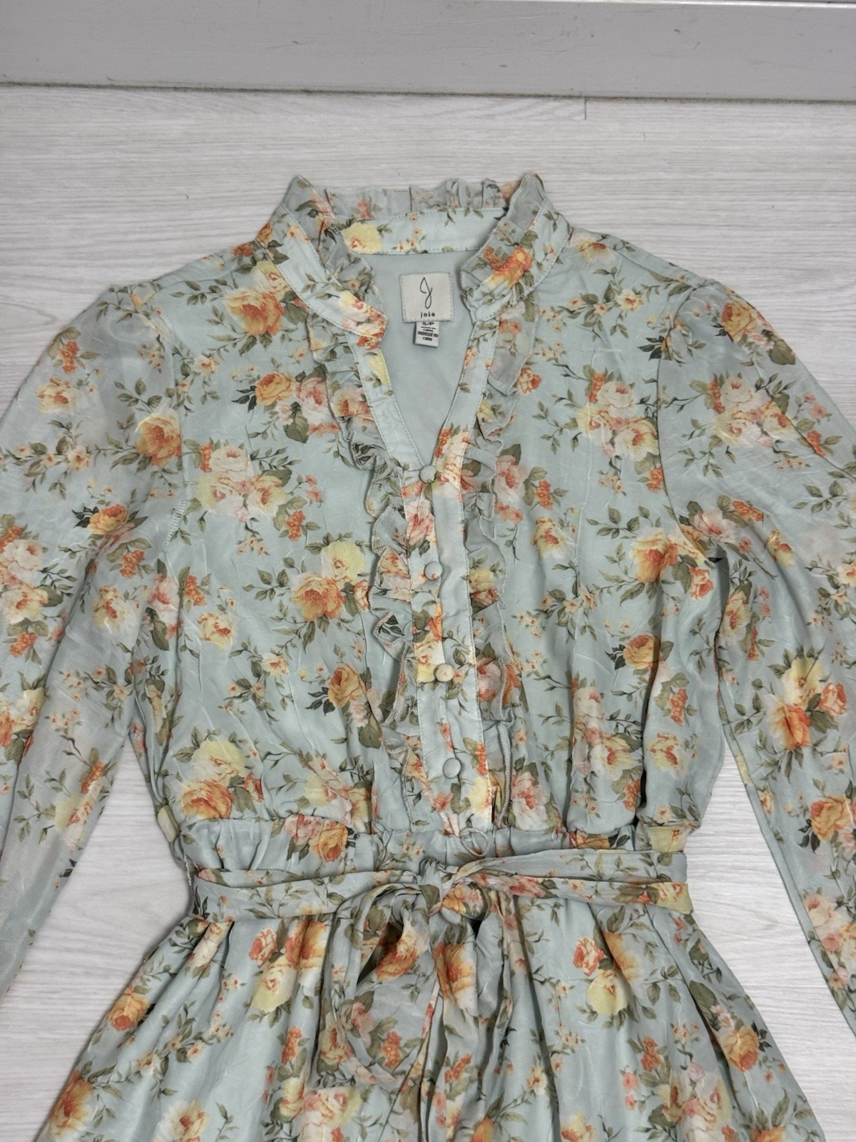 Joie Womens Green Floral V-Neck Long Sleeve Chiffon Ruffle Tie Mini Dress S