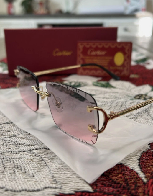 Cartier Big C Diamond Cut Frameless Pink/Grey Lens Gold Frame