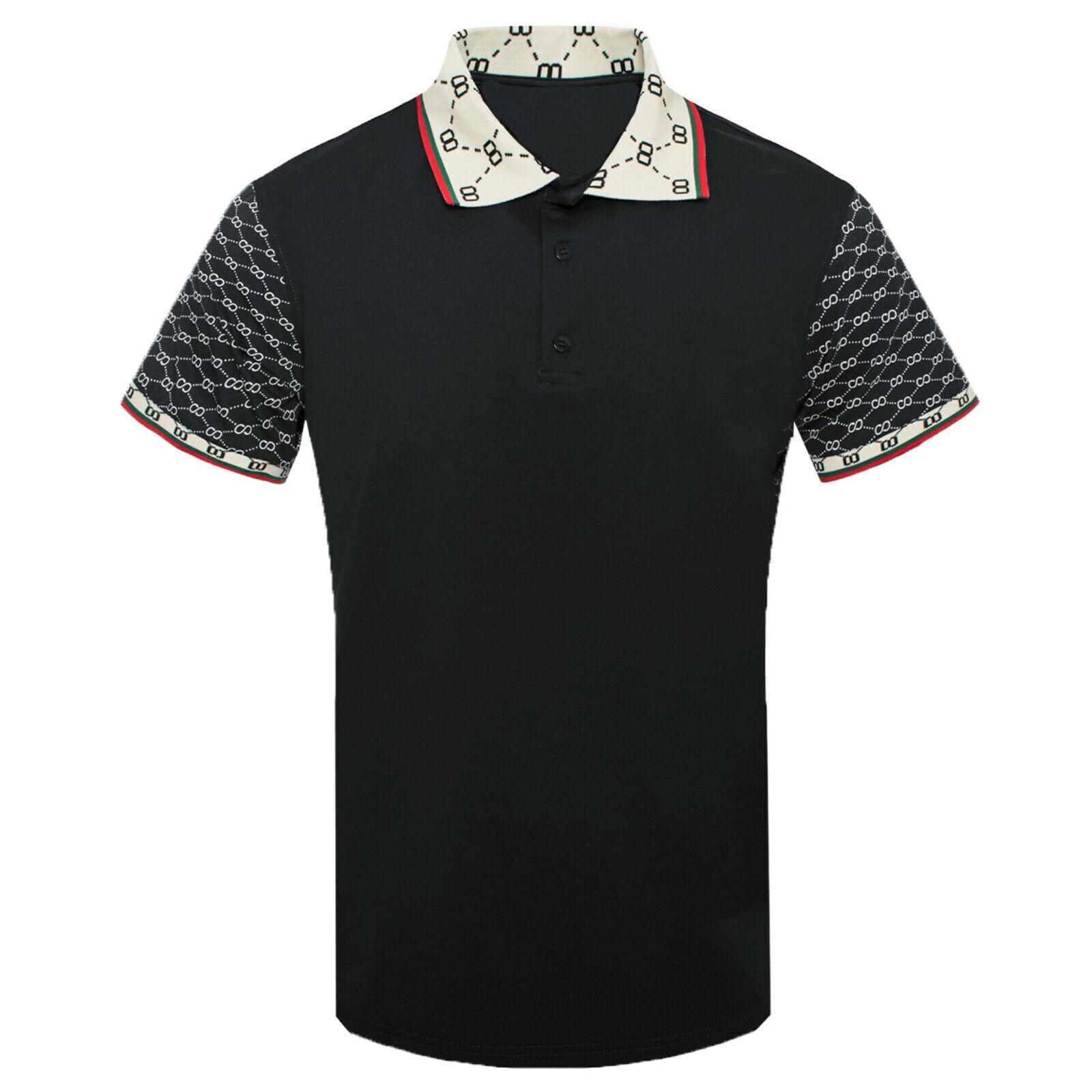 Polo Shirt Designer Print Collar and Sleeves Stretch NEW Mens Casual Dress Golf