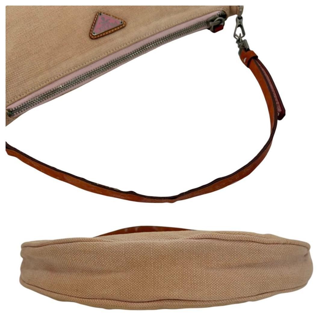 PRADA Triangle Logo One Shoulder Canvas Leather Accessory Pouch Beige Authentic