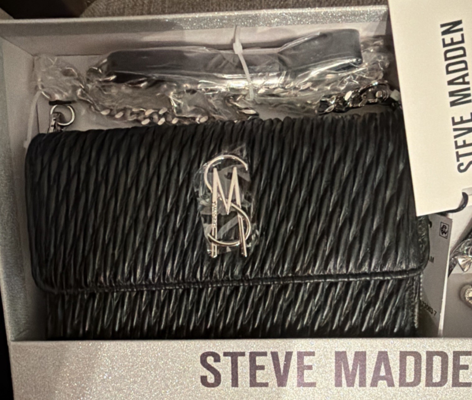 Steve Madden Black Shoulder Bag Chain Strap with Charm, Logo, Bow, Heart & Bear