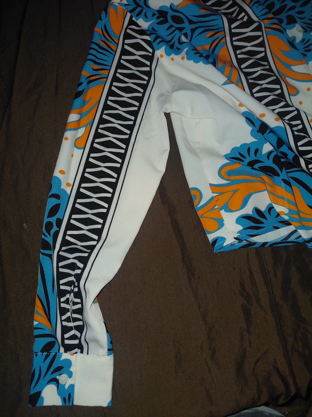 Sweet Rain Contemporary Beige/teal/orange/black Paisley Button Up Long Sleeve Sm