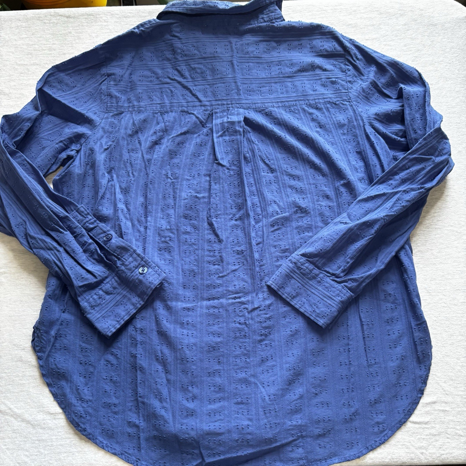 Nine West Blue Pintuck Textured Button-Up Cotton Shirt Medium