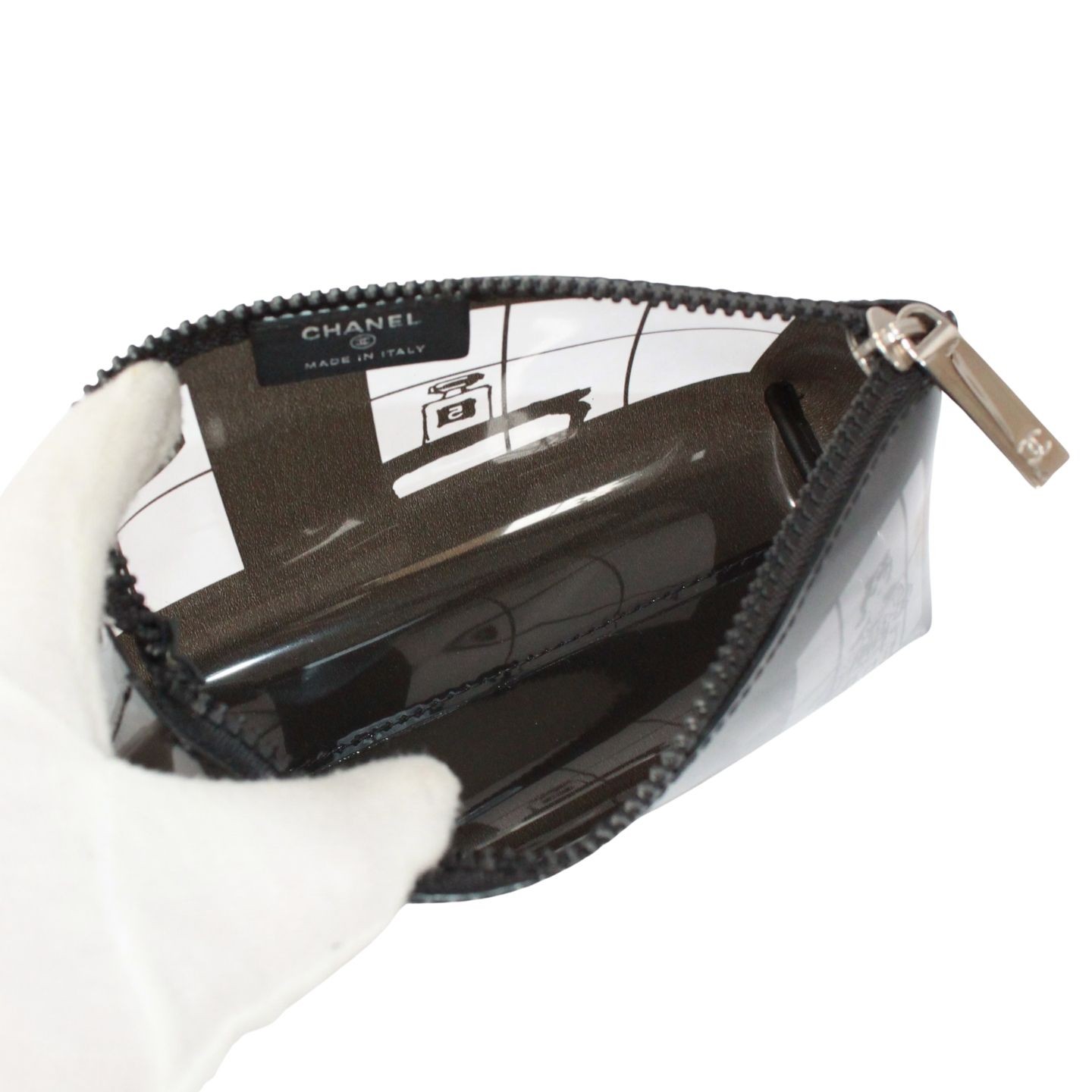 CHANEL Window Line Pouch PVC Clear Black Silver Zipper 7.48 x 3.94 in Japan Auth