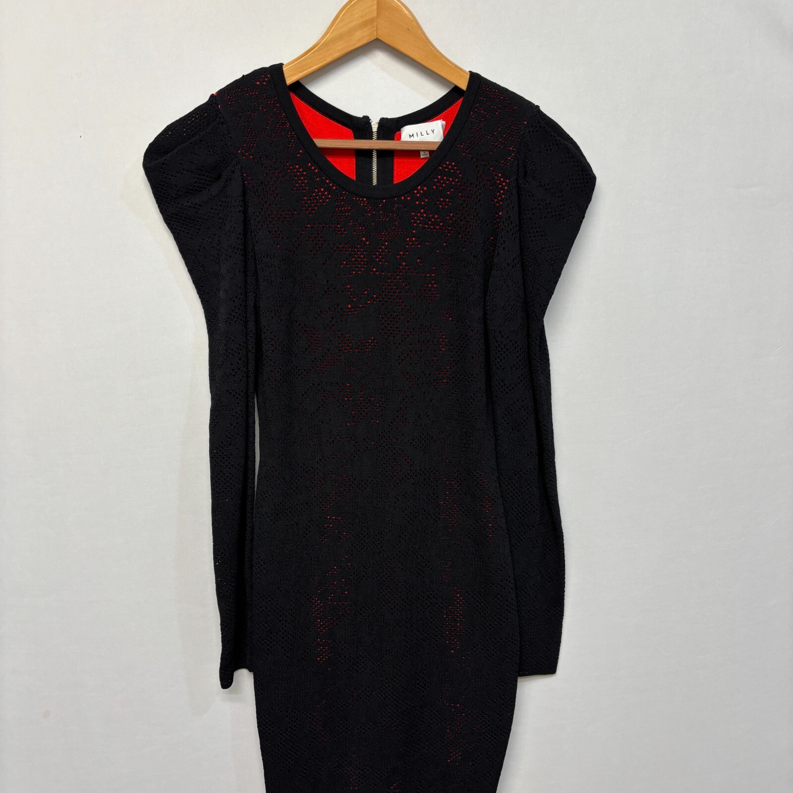 Milly Pointelle Lace Long-Sleeve Draped-Shoulder Cocktail Dress Medium C002 -23