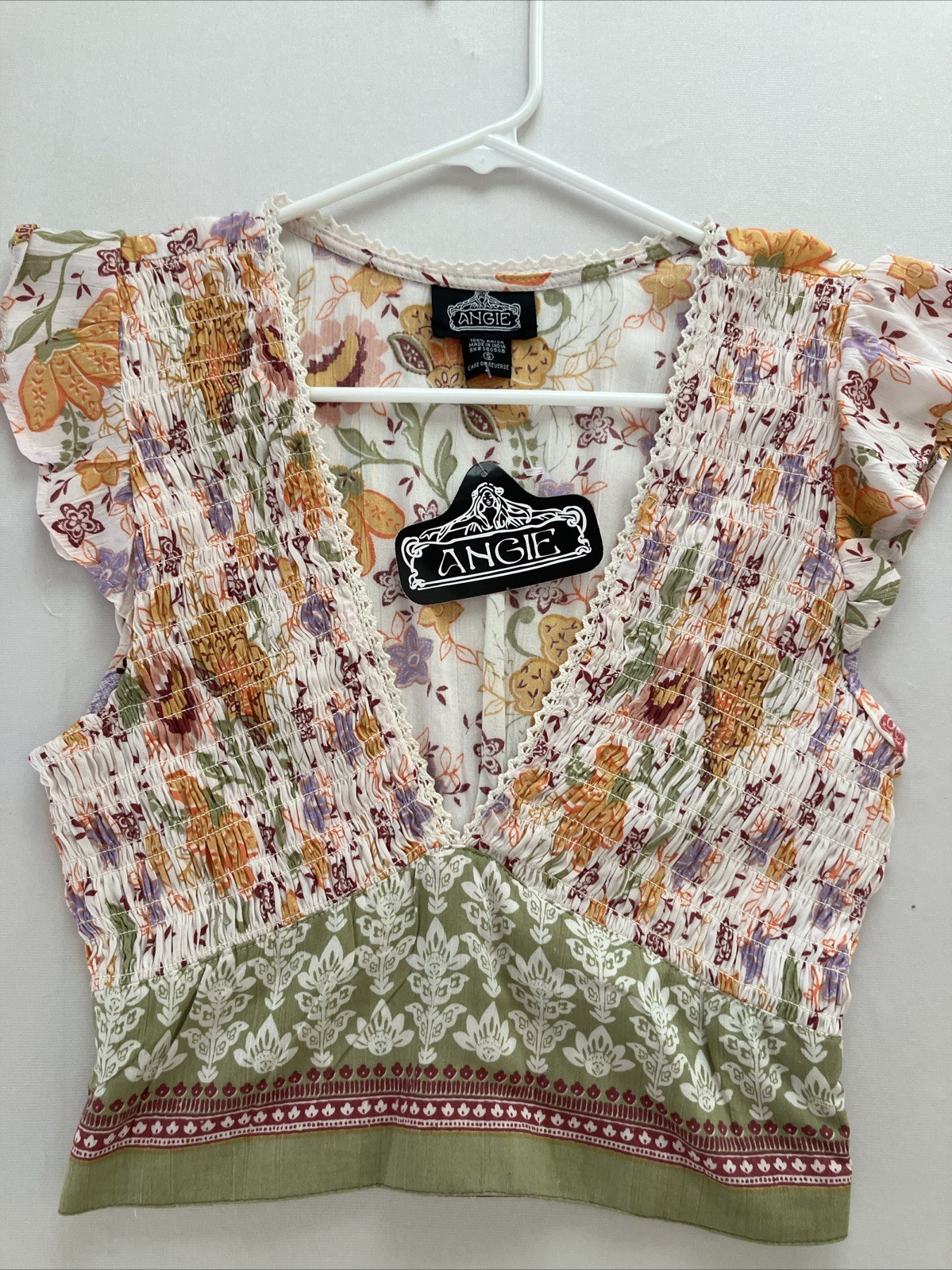 Angie Smocked Crop Top Small Floral Boho Flutter Sleeve Lace Trim Summer NWT