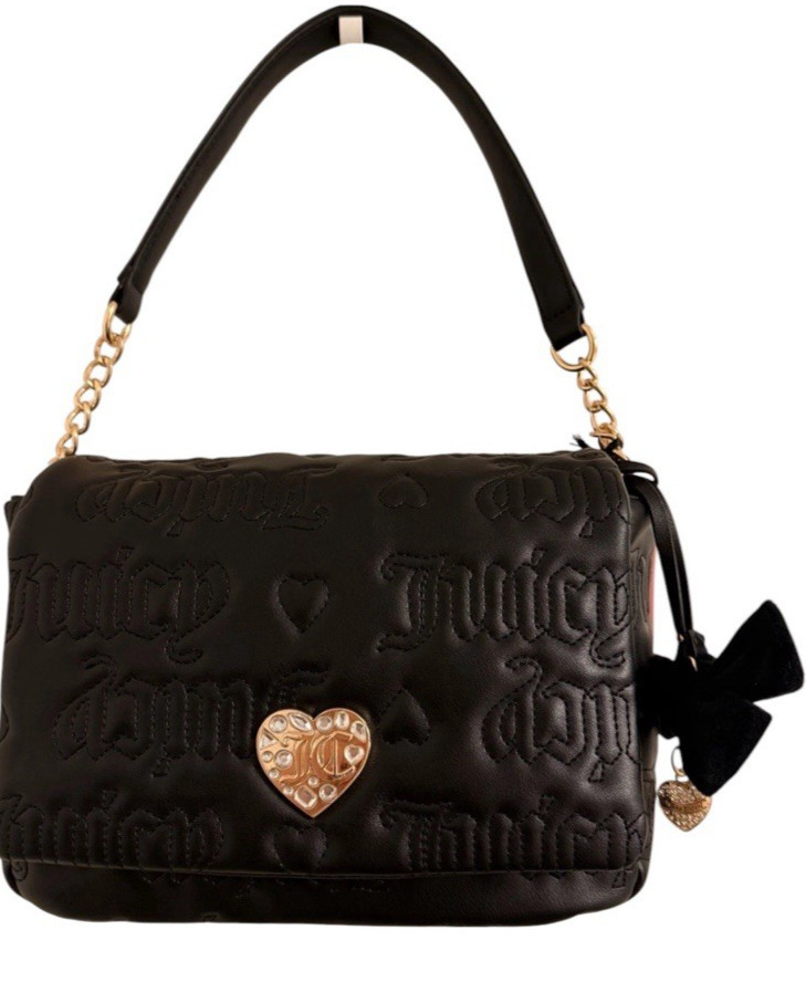 Juicy Couture Black Embossed Logo Shoulder Bag Bow Heart Charm Chain Link NWT
