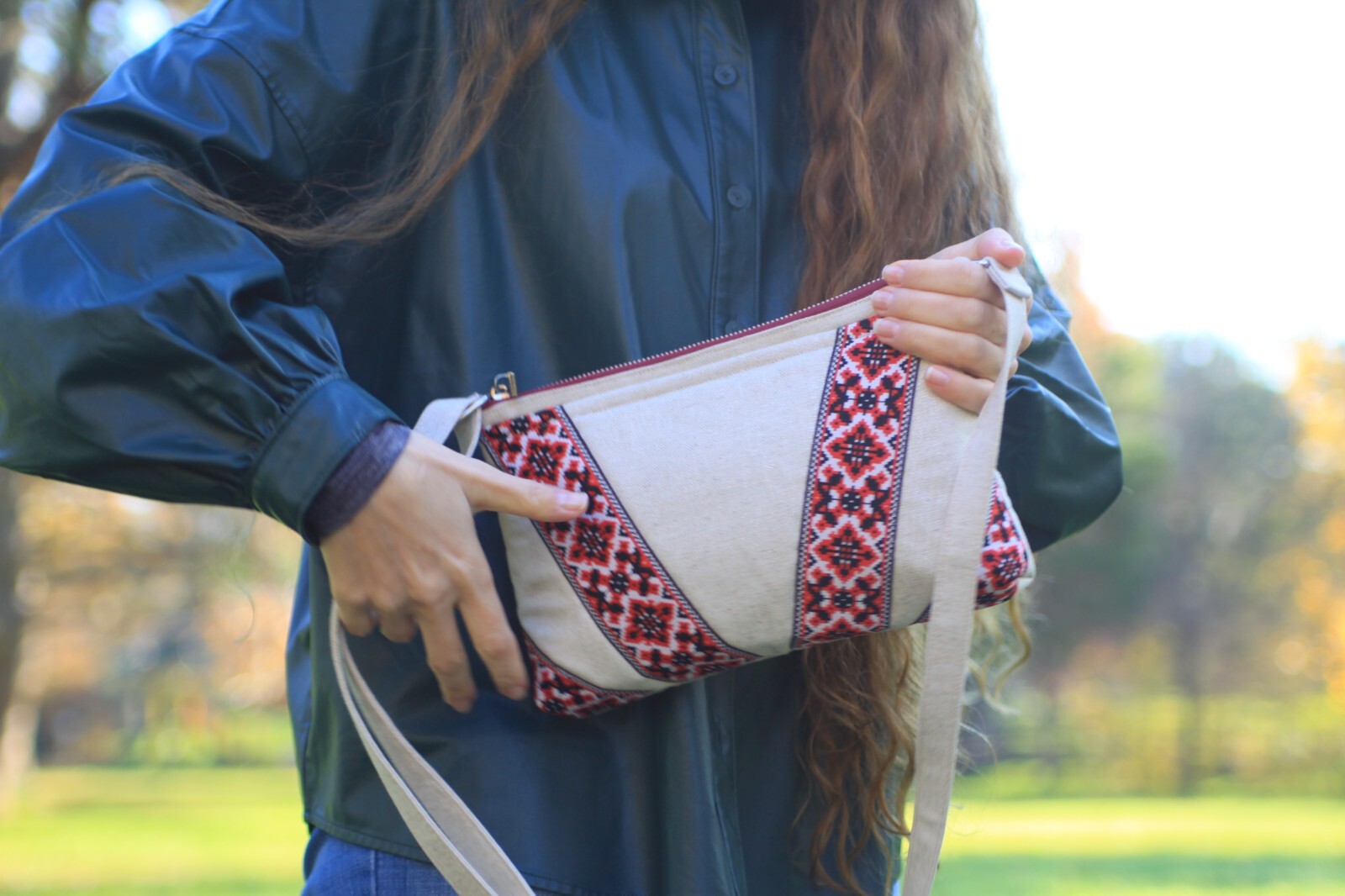 Handmade Beige Shiny Cotton Bag Adjustable Strap Red Accent Two Pockets.