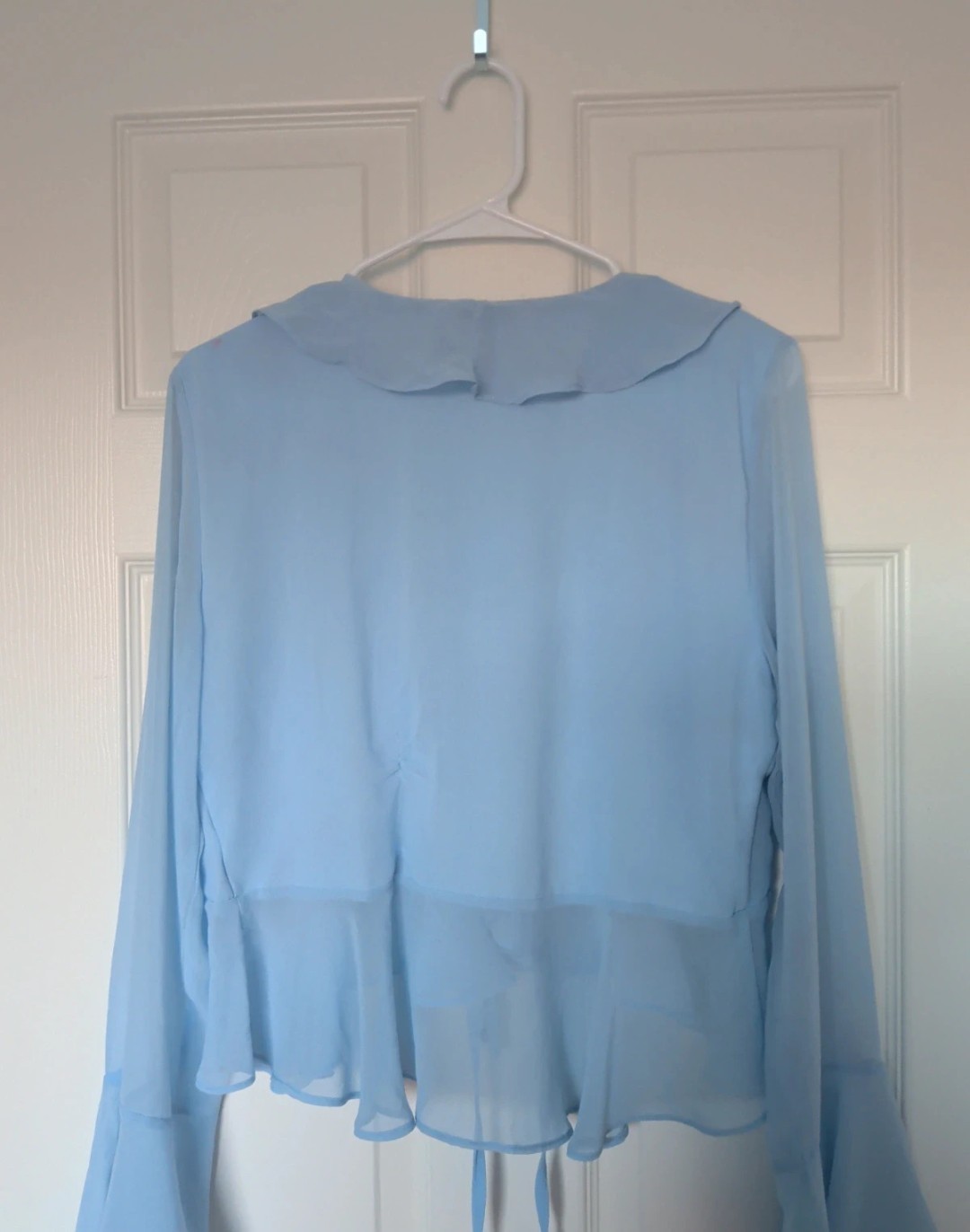 Lulus Blue Chiffon Semi-Sheer Ruffle V-Neck Tie-Front Bell Sleeve Blouse L
