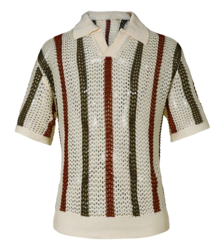 Men’s V-Neck Collared Knit T-Shirt Hollow Out Striped Short Sleeve Tee