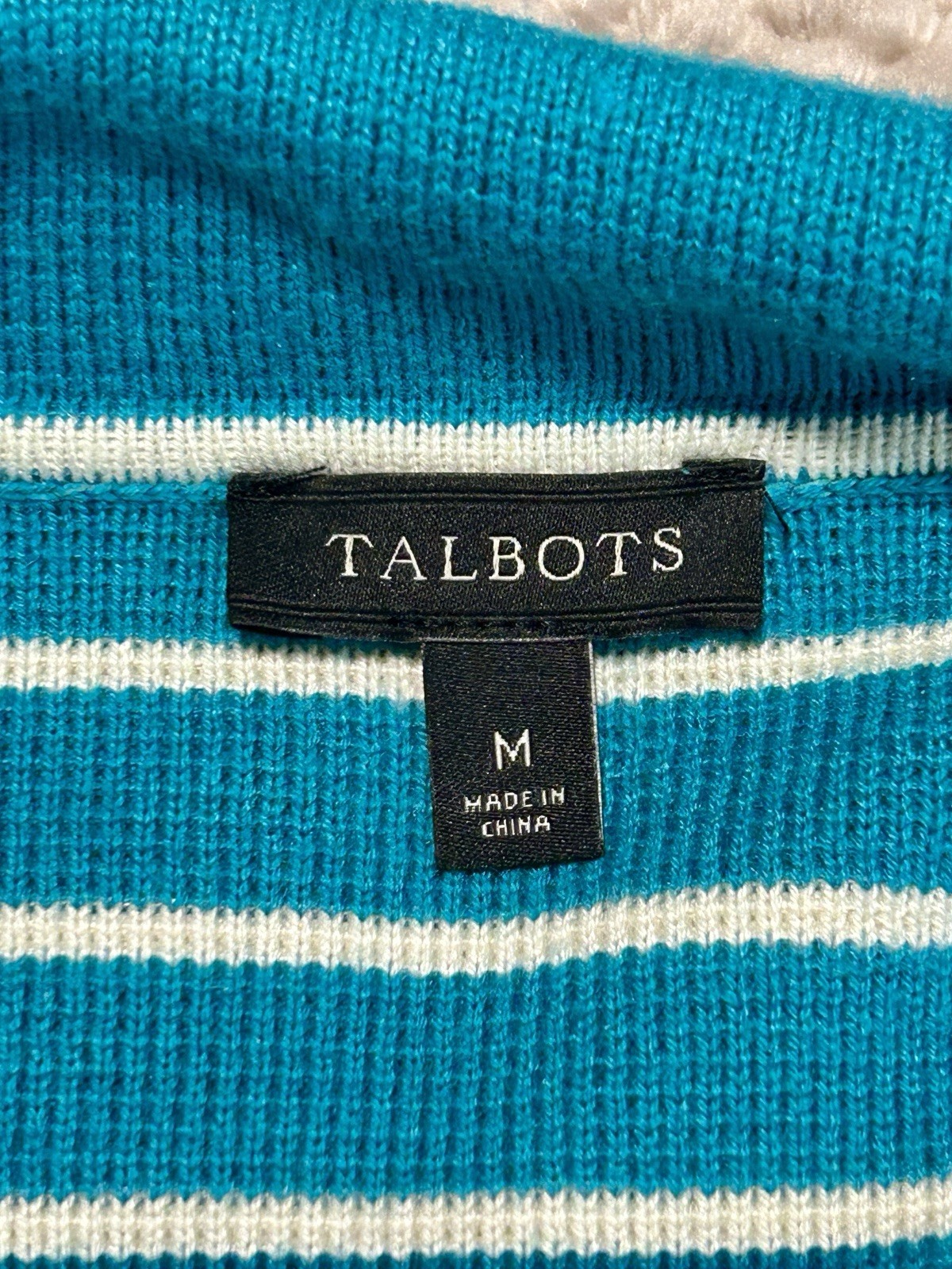 Talbots Sweater Blazer Women Medium Teal White Striped 2 Button Cardigan Jacket