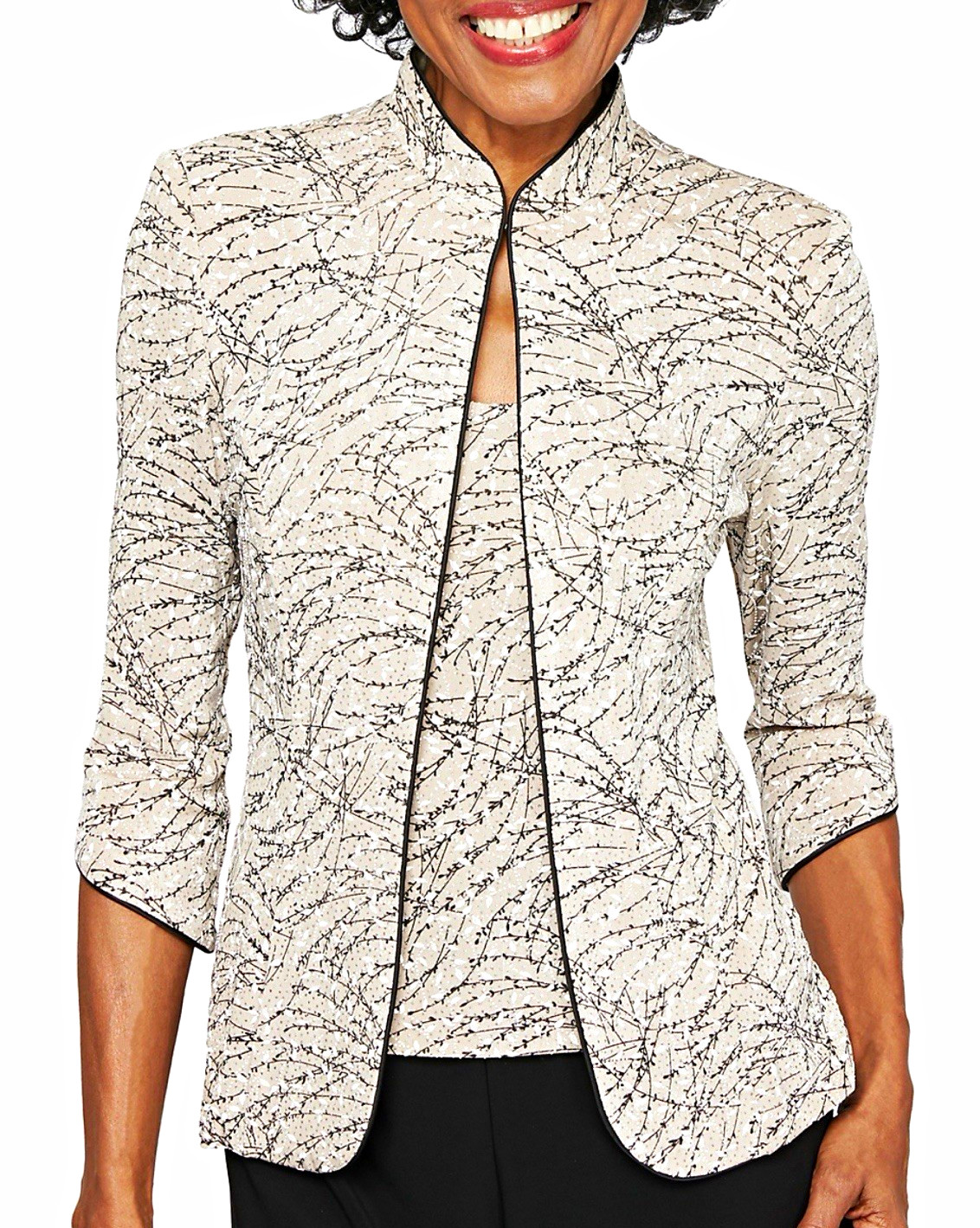 Alex Evenings 2-Piece Glitter Knit Mandarin Neck Jacket & Tank Set M Beige
