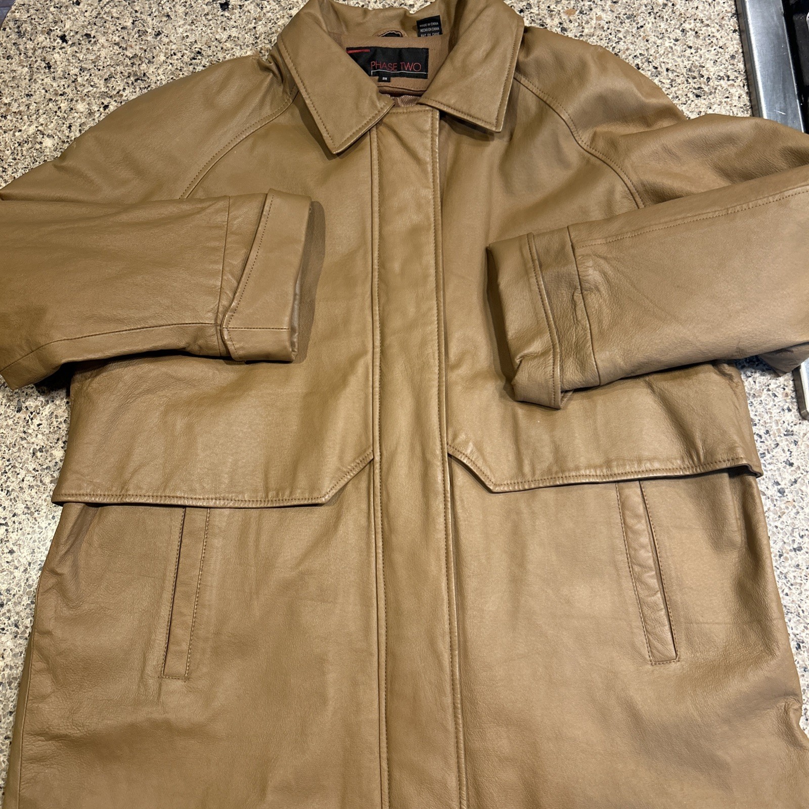 Vintage Phase Two 3X Brown Camel Leather Coat Mid Thigh Length GUC Zip Front
