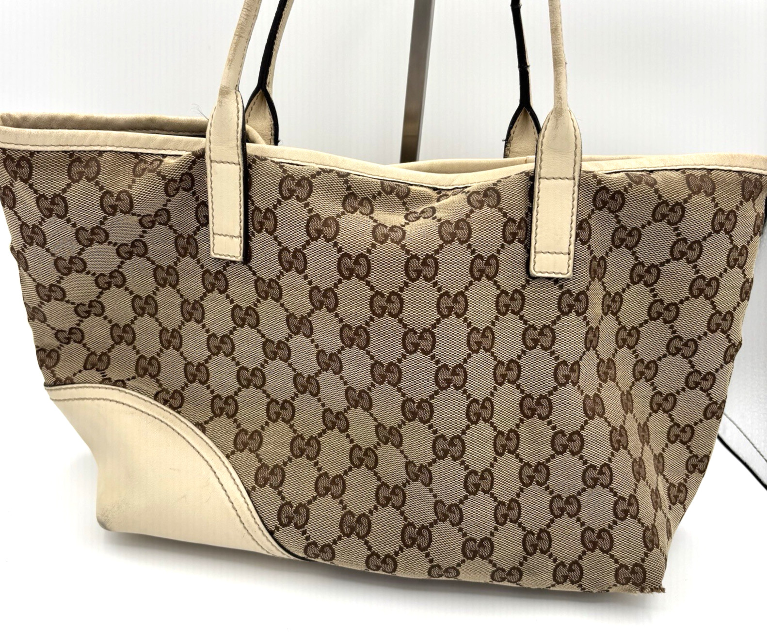 GUCCI GG Logo Abbey Shoulder Bag Canvas Leather Brown Beige Authentic 0058