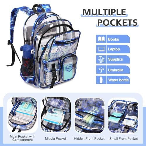 3PCS Cool Luminous Clear Backpack + Lunch Bag + Pencil Case Blue Lightning