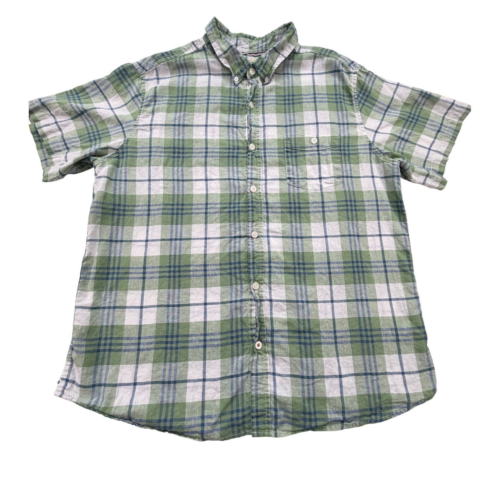 Weatherproof Vintage Washable Linen Plaid Short Sleeve Shirt Men XXL Green