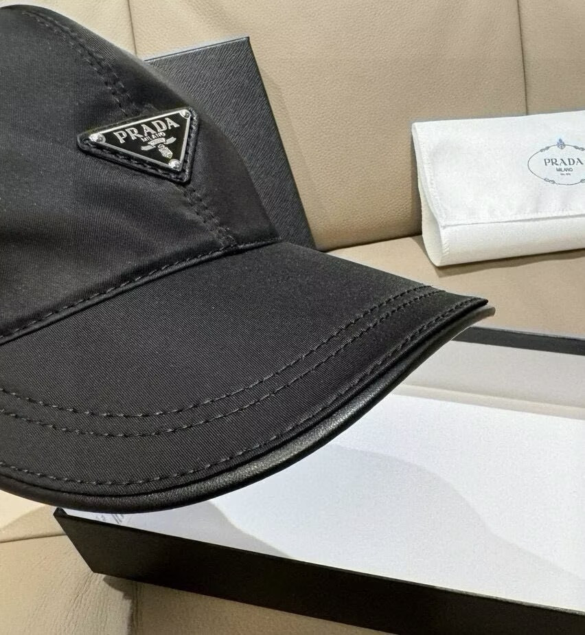New Prada Triangle Logo Re-Nylon Black Baseball Cap Unisex Hat | Black