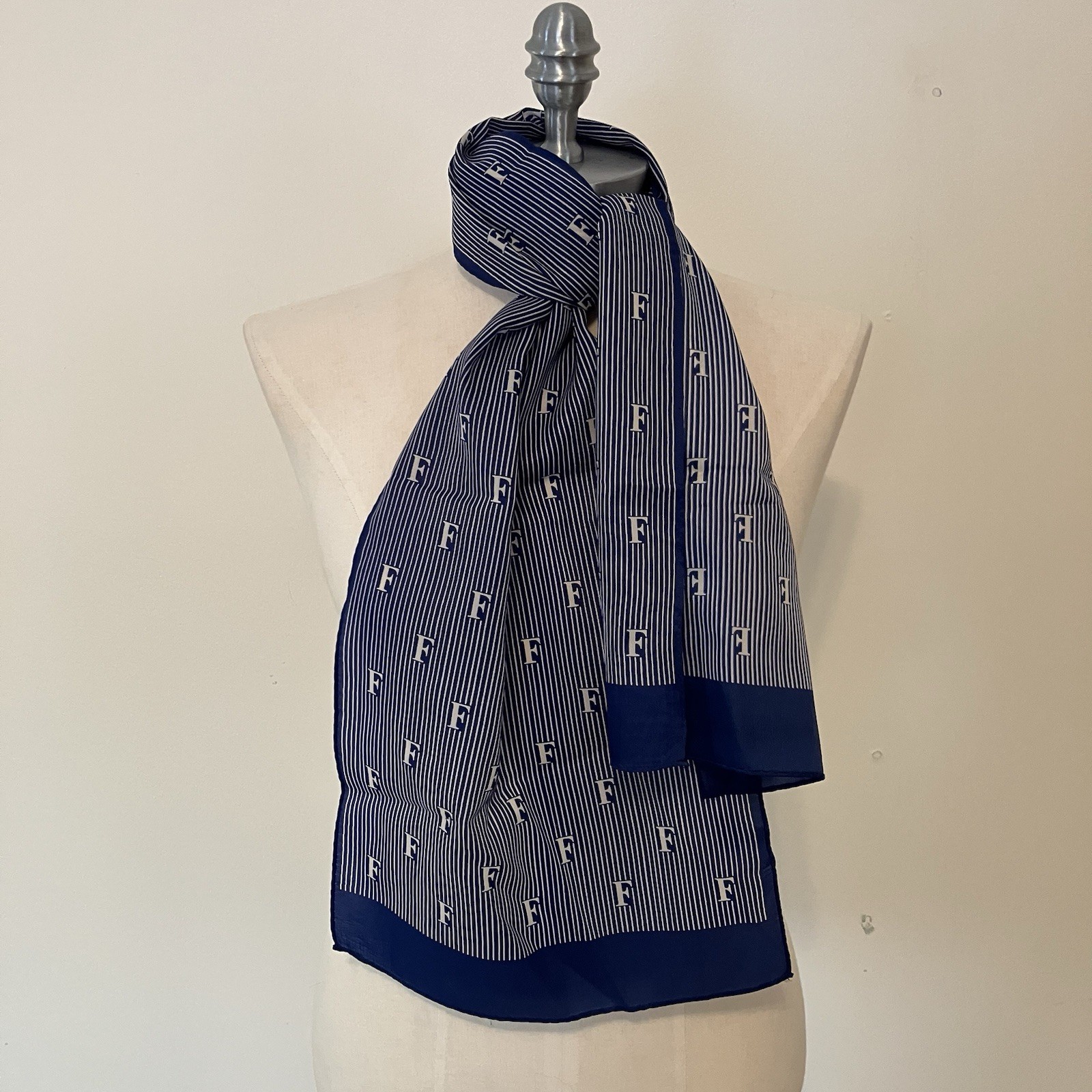 VTG Monogramed Blue Strip Rectangle Scarf Japan Preppy 10.5in X 46in Nautical
