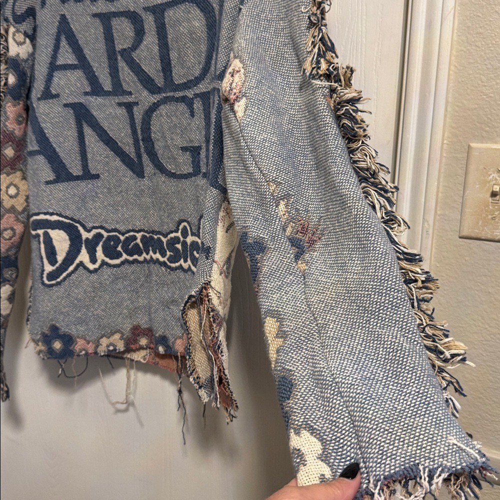 RARE! Dreamsicle Tapestry Sweater Cherub Long Sleeve V-Neck Distressed Fringe