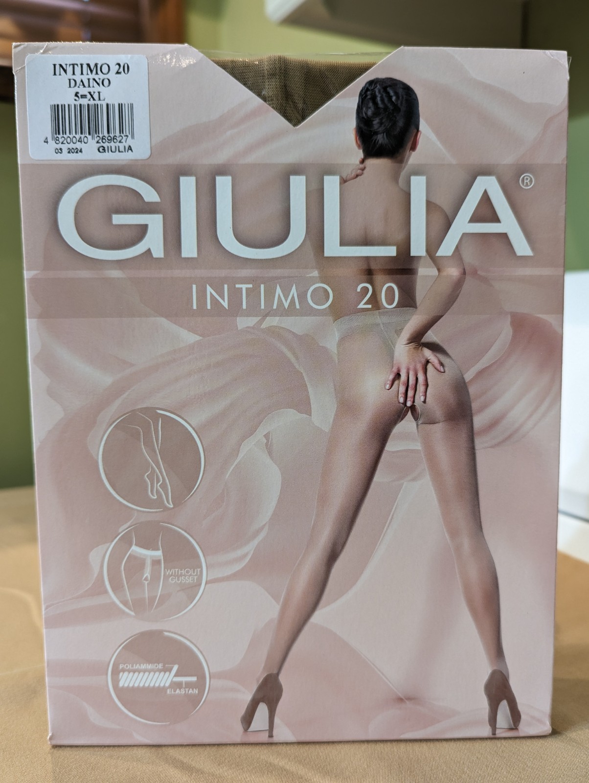 GIULIA INTIMO 20 DENIER SHEER CROTCHLESS PANTYHOSE SIZE: 5 XL NATURAL DAINO