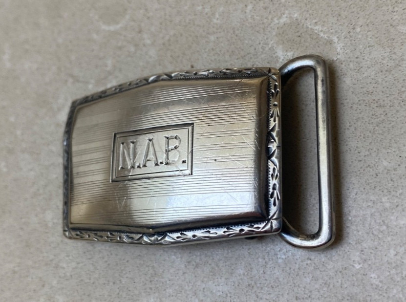 Vintage Sterling Silver Belt Buckle Engraved Edging and Initials N.A.B.