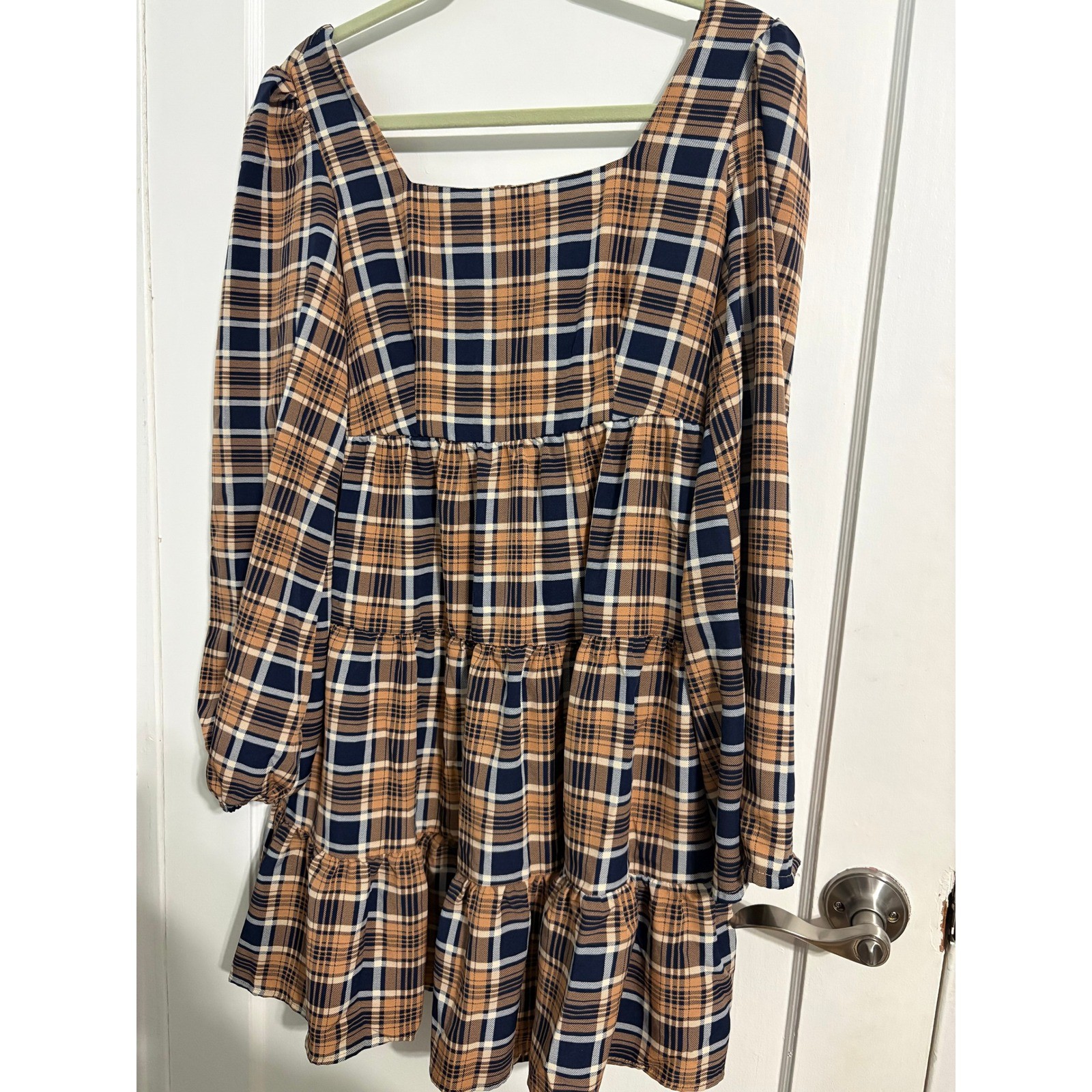 SHEIN Women Tan Navy Plaid Square Neck Tiered Babydoll Mini Dress Long Sleeve M