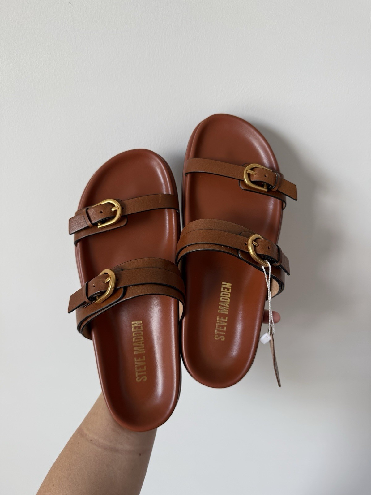 Steve Madden Brown Leather Double Strap Slide Sandals Gold Buckle Women’s 8.5 8