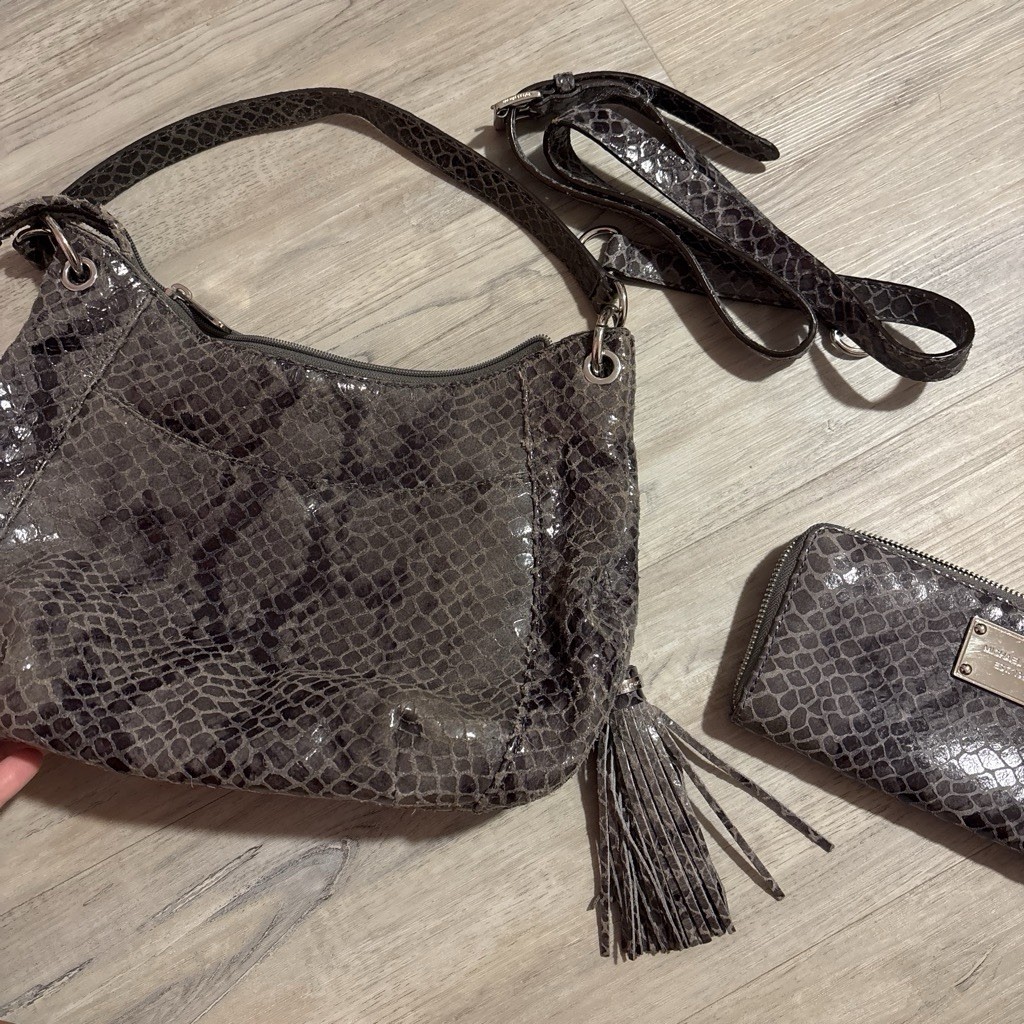 Michael Kors Gray Snake Print Shoulder Bag w/ Detachable Strap & Zip Wallet
