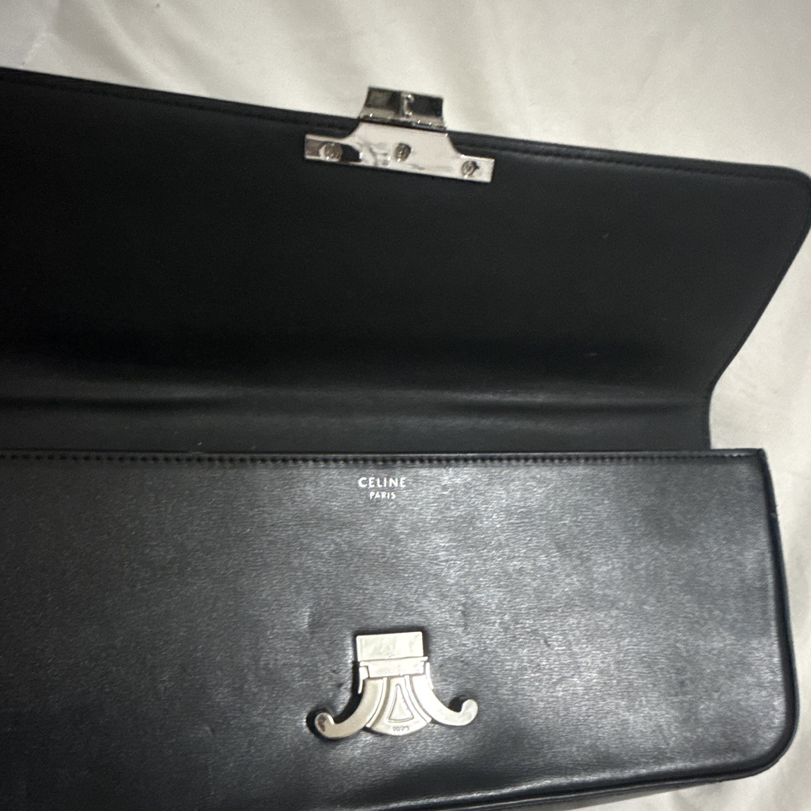 CELINE Triomphe Black Small Shoulder Bag Clutch, Silver Chain Strap, Push Lock