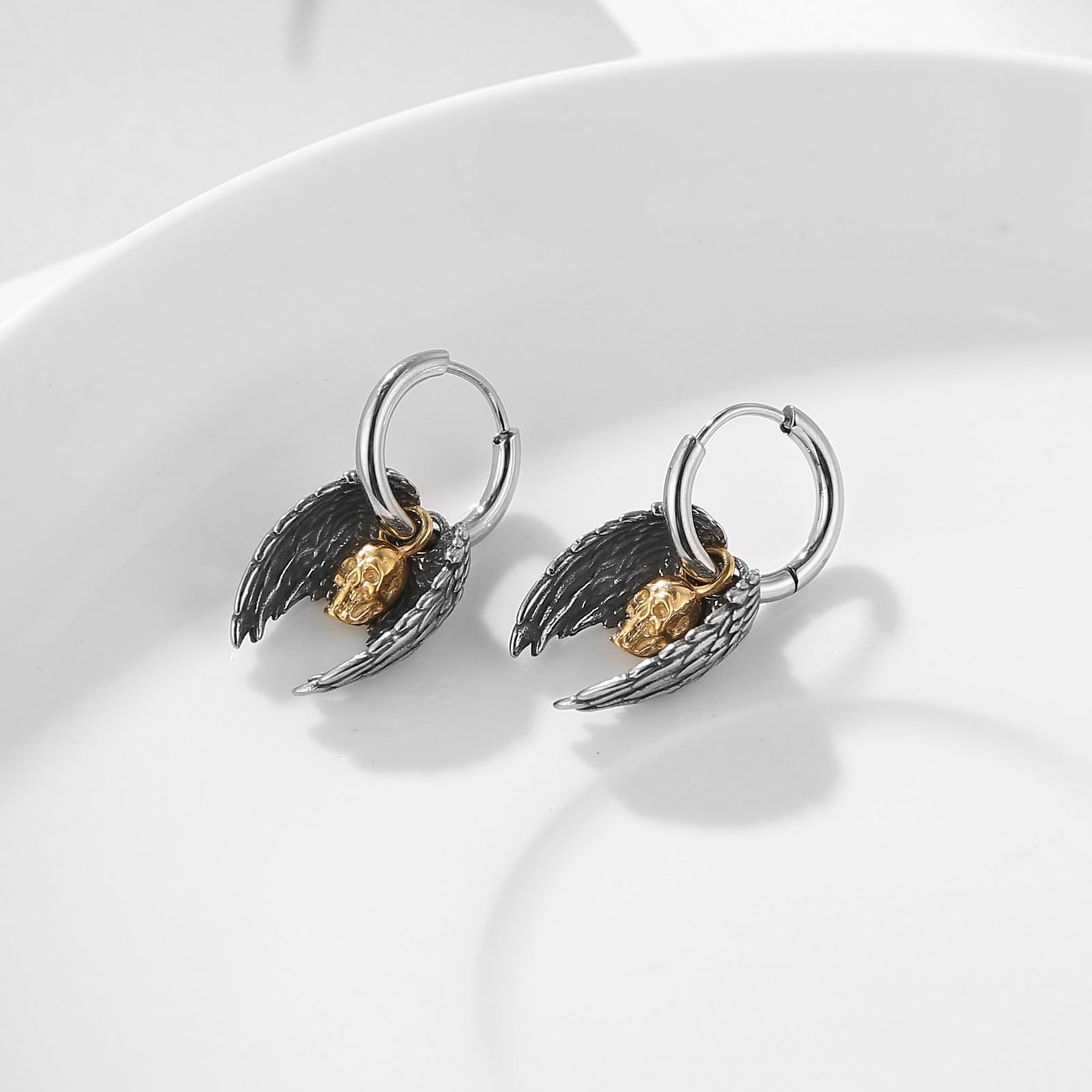HZMAN Guardian Angel Wings Dangle Earring for Women 1.3cm x 2.7cm, Skull